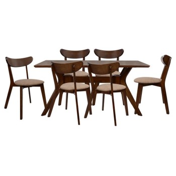 Set Dining Table 7 pieces Walnut Table & Roselyn Chairs FK10068 Set Dining Table 7 pieces Walnut Table & Roselyn Chairs FK10068