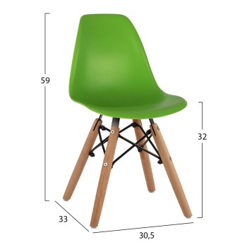 Chair Twist Kid FK8453.03 with wooden legs & green seat 30,5x33x59 cm