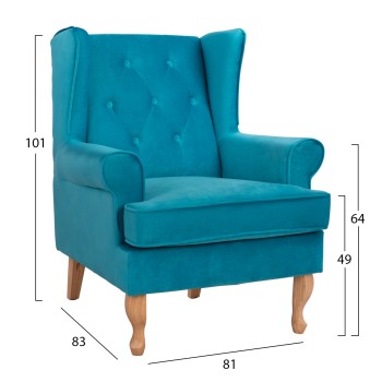 Armchair Turquoise velvet BRANDON 81x83x101cm FK3073.18 Armchair Turquoise velvet BRANDON 81x83x101cm FK3073.18