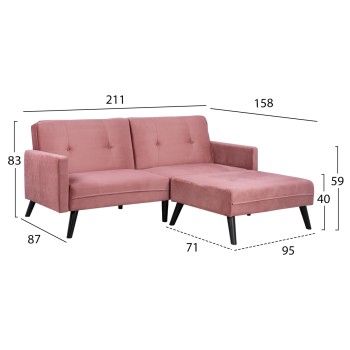 CORNER SOFA BED VELVET DUSTY PINK WITH FOOTREST 211X158X83Y cm.FK3151.02