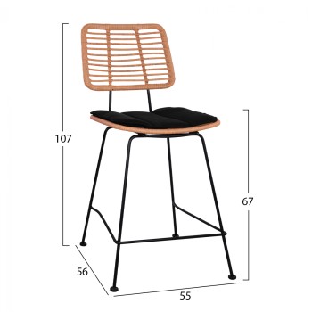Metal Stool with pillow Allegra FK5644 with wicker in beige color 55x56x107 εκ.