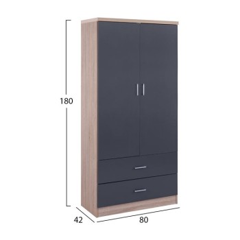 Wardrobe 2 Door with 2 drawers Sonama-Grey 80x42x180cm Wardrobe 2 Door with 2 drawers Sonama-Grey 80x42x180cm