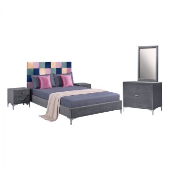 Set Bedroom 4pieces Velvet Grey Color Pattern FK11262 Set Bedroom 4pieces Velvet Grey Color Pattern FK11262