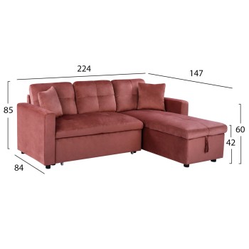 CORNER SOFA BED VELVET DUSTY PINK WAYNE 224x147x85cm. FK3028.12