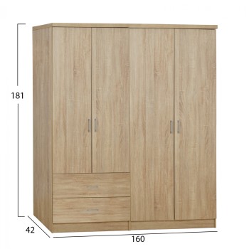 4-LEAF WARDROBE WITH 2 DRAWERS JENNA FK11351.02 MELAMINE IN SONAMA 160x42x181Hcm. 4-LEAF WARDROBE WITH 2 DRAWERS JENNA FK11351.02 MELAMINE IN SONAMA 160x42x181Hcm.