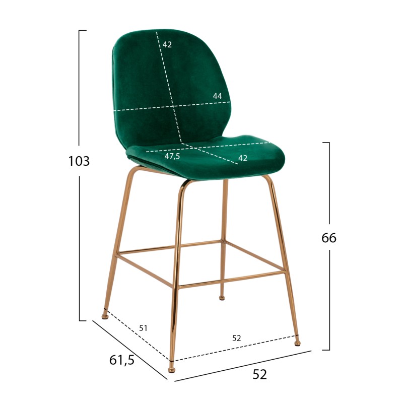 Bar Stool Middle Height Nora FK8524.03 Velvet Cyppress Green & Gold metallic Frame 52x61,5x103 cm. Bar Stool Middle Height Nora FK8524.03 Velvet Cyppress Green & Gold metallic Frame 52x61,5x103 cm.