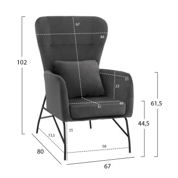 Armchair Velvet Grey with metallic black leg FK8721.01 67x80x102 cm. Armchair Velvet Grey with metallic black leg FK8721.01 67x80x102 cm.