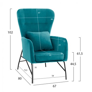 Armchair Velvet Turquoise with metallic black leg FK8721.08 67x80x102 cm. Armchair Velvet Turquoise with metallic black leg FK8721.08 67x80x102 cm.