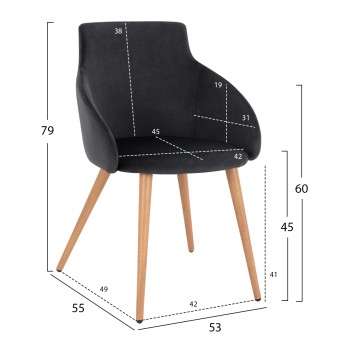 Armchair Ivy Velvet Black with metallic legs FK8546.04 53x55x79cm Armchair Ivy Velvet Black with metallic legs FK8546.04 53x55x79cm