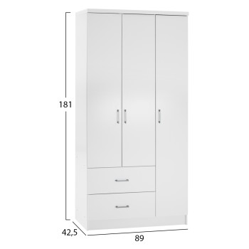WARDROBE WITH 3 DOORS AND 2 DRAWERS FK340.05 IN WHITE 89x42,5x181 cm. WARDROBE WITH 3 DOORS AND 2 DRAWERS FK340.05 IN WHITE 89x42,5x181 cm.