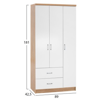 WARDROBE WITH 3 DOORS AND 2 DRAWERS FK340.06 SONAMA-WHITE 89x42,5x181 cm. WARDROBE WITH 3 DOORS AND 2 DRAWERS FK340.06 SONAMA-WHITE 89x42,5x181 cm.