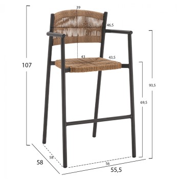 CHARCOAL ALUMINUM BAR STOOL WITH BEIGE ROPE FK5785.02 55,5x58x107 cm.