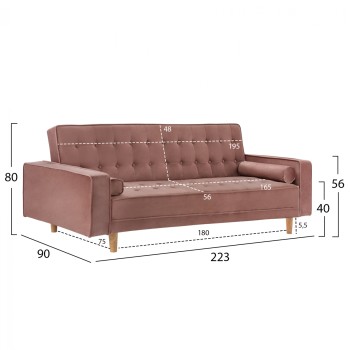 SOFA-BED SALVADOR FK3150.12 VELVET DUSTY PINK 224X88X84cm. SOFA-BED SALVADOR FK3150.12 VELVET DUSTY PINK 224X88X84cm.