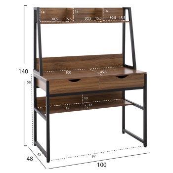 DESK WITH BOOKCASE TANAYA FK2390.12 MELAMINE IN WALNUT & METAL BLACK FRAME 100x48x139H cm. DESK WITH BOOKCASE TANAYA FK2390.12 MELAMINE IN WALNUT & METAL BLACK FRAME 100x48x139H cm.