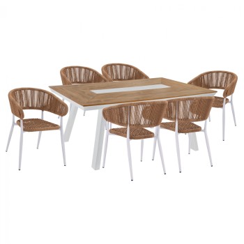 DINNING SET 7PCS WITH POLYWOOD TABLE 200X94 & WHITE ARMCHAIRS FK11425