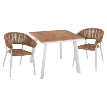 DINING SET 3PCS ALUMINUM TABLE 80X80 & WHITE ARMCHAIR FK11442