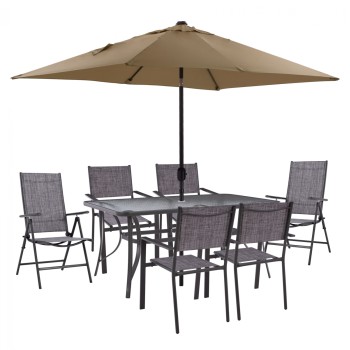 DINING SET TABLE WITH MOCHA UMBRELLA & FOLDABLE TEXTILINE ARMCHAIRS GRAY FK11483