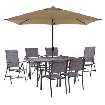 DINING SET TABLE WITH MOCHA UMBRELLA & FOLDABLE TEXTILINE ARMCHAIRS GRAY FK11483