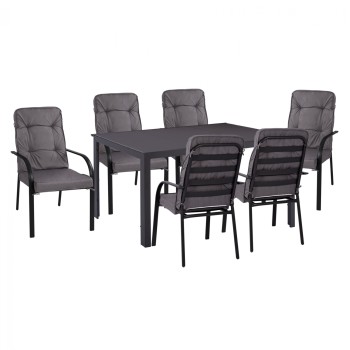 DINING SET 7 PCS GRAY TABLE 150X90 AND ARMCHAIR WITH GRAY PILLOW FK11521.01