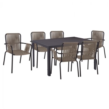 DINING SET 7 PCS GRAY TABLE 150X90 AND ARMCHAIR WITH ROPE FK11525.01