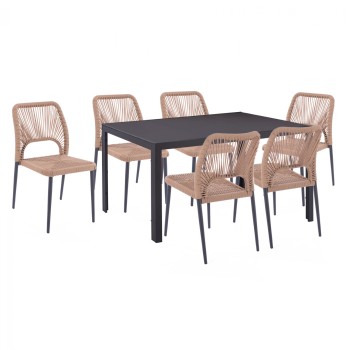 DINING SET 7 PCS GRAY TABLE 150X90 AND CHAIR WITH ROPE FK11526.01