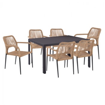 DINING SET 7 PCS GRAY TABLE 150X90 AND ARMCHAIR WITH ROPE FK11527.01