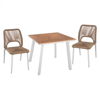 DINING SET 3PCS WHITE TABLE 80x80 AND CHAIR WITH ROPE FK11536.01