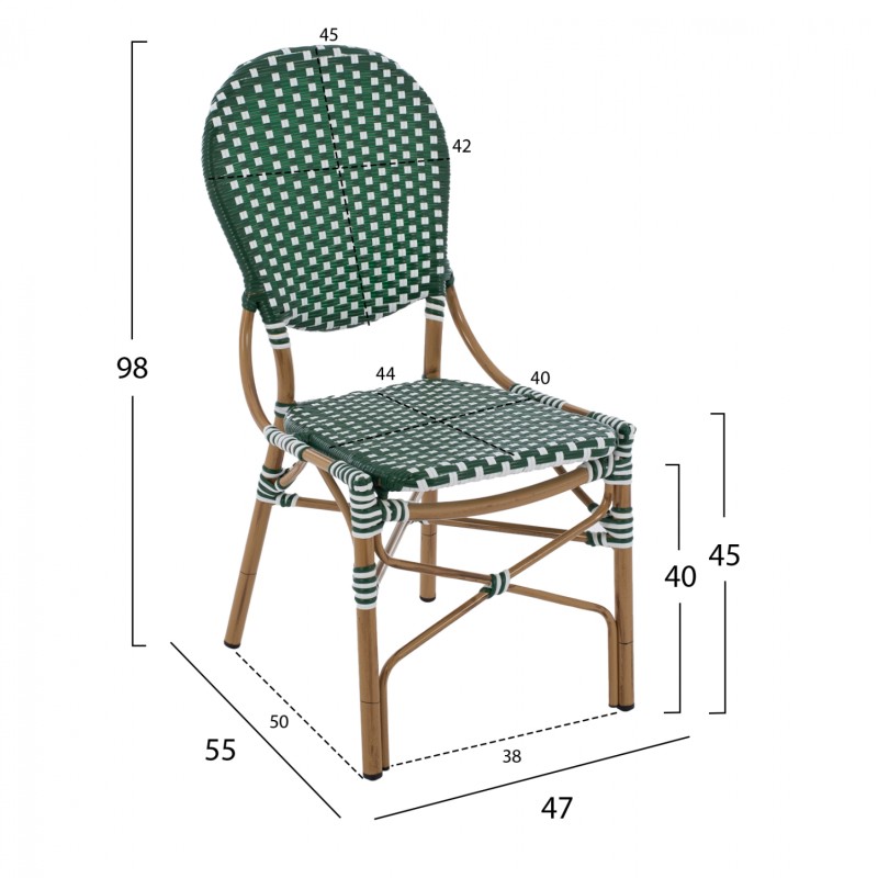 ALUMINUM CHAIR BAMBOO LOOK WITH WICKER GREEN WHITE FK5792.01 47x55x98 cm. ALUMINUM CHAIR BAMBOO LOOK WITH WICKER GREEN WHITE FK5792.01 47x55x98 cm.