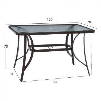 OUTDOOR TABLE BROWN METAL GLASS TOP WITH UMBRELLA HOLE 120Χ70Χ72Hcm.FK5021.12