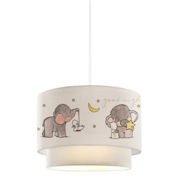 PENDANT CEILING LAMP BALOO FK7572.01 KIDS’ ROOM DOUBLE DRUM SHADE WITH ELEPHANT FIGURES- WHITE