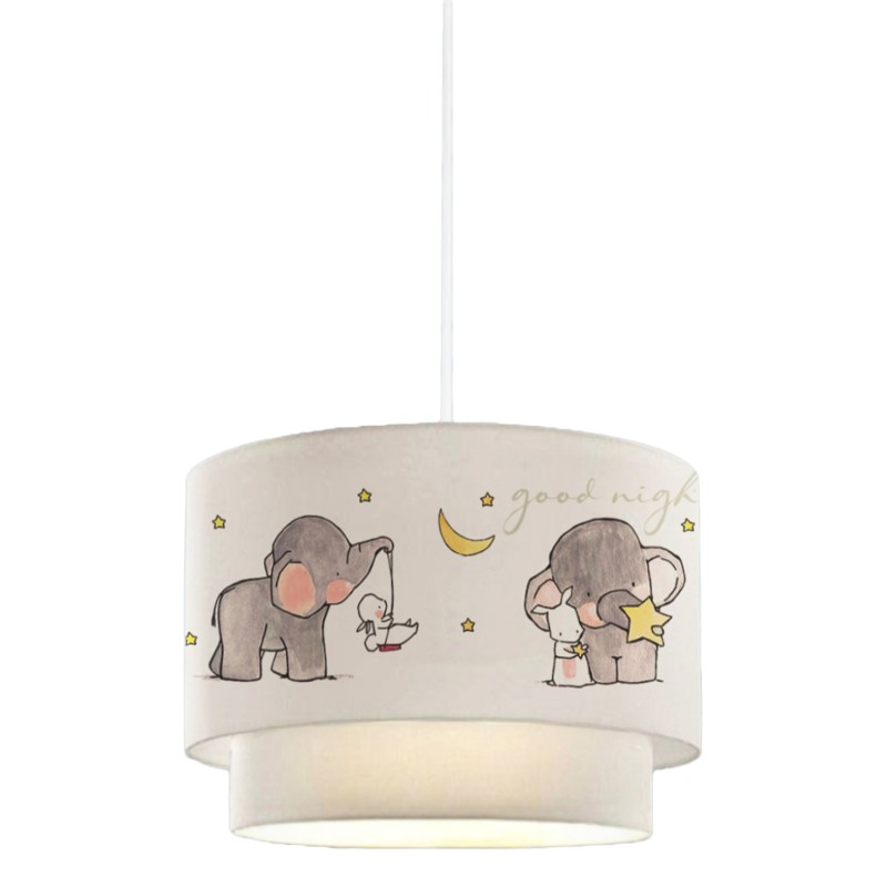 PENDANT CEILING LAMP BALOO FK7572.01 KIDS’ ROOM DOUBLE DRUM SHADE WITH ELEPHANT FIGURES- WHITE