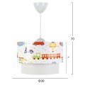 PENDANT CEILING LAMP FK7573.01 KIDS’ ROOM DOUBLE WHITE DRUM SHADE WITH MULTICOLORED TRANSPORT TOY FIGURES