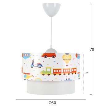 PENDANT CEILING LAMP FK7573.01 KIDS’ ROOM DOUBLE WHITE DRUM SHADE WITH MULTICOLORED TRANSPORT TOY FIGURES