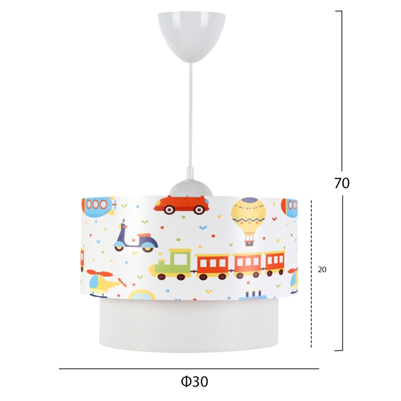 PENDANT CEILING LAMP FK7573.01 KIDS’ ROOM DOUBLE WHITE DRUM SHADE WITH MULTICOLORED TRANSPORT TOY FIGURES