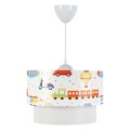 PENDANT CEILING LAMP FK7573.01 KIDS’ ROOM DOUBLE WHITE DRUM SHADE WITH MULTICOLORED TRANSPORT TOY FIGURES
