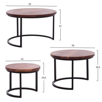 3 NESTING TABLES OBI FK9255 ACACIA WOOD WITH METAL BLACK LEGS 78x78x47H CM. 3 NESTING TABLES OBI FK9255 ACACIA WOOD WITH METAL BLACK LEGS 78x78x47H CM.