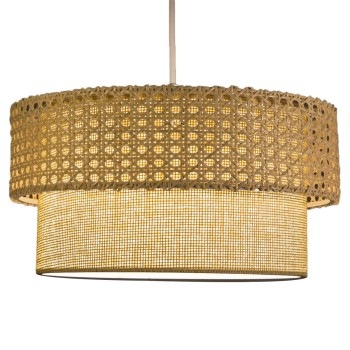 PENDANT CEILING LAMP FK7629.01 TWO-LAYER DRUM-RATTAN AND FABRIC, METAL FRAME