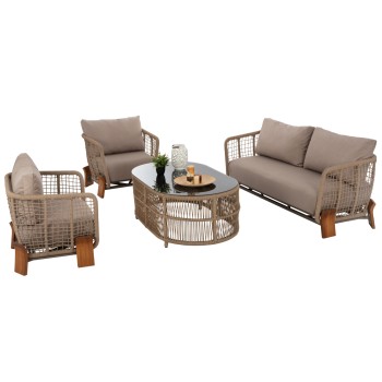 OUTDOOR SET OXFORD 4PCS IROKO ROPE TEMPERED GLASS FK5884.01