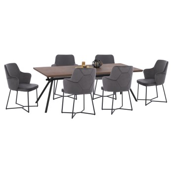 DINING SET 7PCS TABLE MDF WALNUT WOOD VENEER & ARMCHAIRS VELVET GREY FK10638
