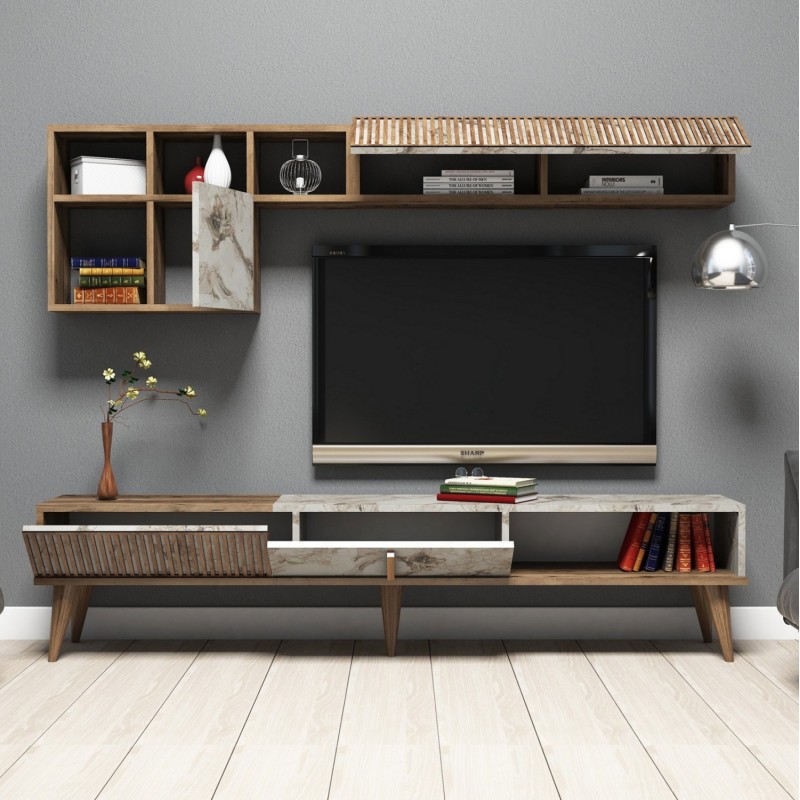 TV FURNITURE MELAMINE IN WALNUT AND WHITE MARBLE 180x35x40Hcm.FK9438.01 TV FURNITURE MELAMINE IN WALNUT AND WHITE MARBLE 180x35x40Hcm.FK9438.01