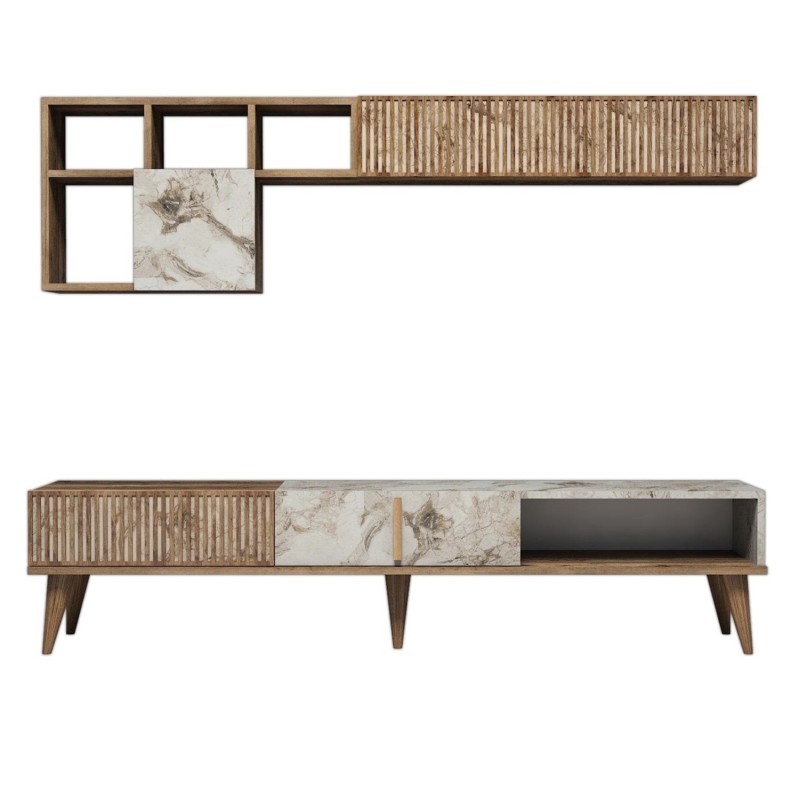 TV FURNITURE MELAMINE IN WALNUT AND WHITE MARBLE 180x35x40Hcm.FK9438.01 TV FURNITURE MELAMINE IN WALNUT AND WHITE MARBLE 180x35x40Hcm.FK9438.01