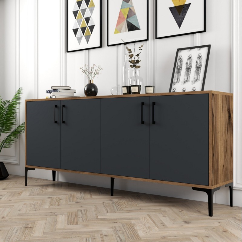 BUFFET MELAMINE WALNUT COLOR WITH CHARCOAL GREY DOORS 180x35x78Hcm.FK9428.01 BUFFET MELAMINE WALNUT COLOR WITH CHARCOAL GREY DOORS 180x35x78Hcm.FK9428.01