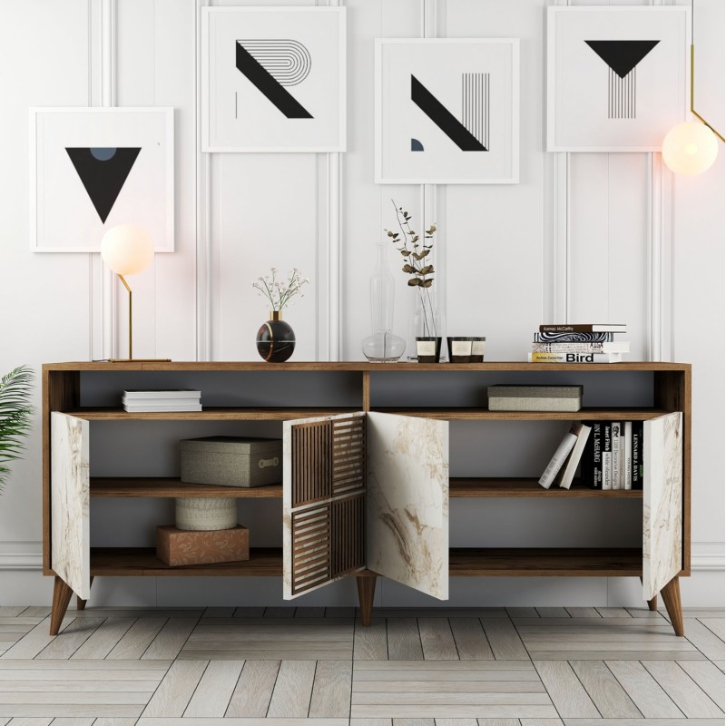 BUFFET MELAMINE IN WALNUT COLOR AND WHITE MARBLE-LOOK DOORS 180x35x78,6Hcm.FK9431.03 BUFFET MELAMINE IN WALNUT COLOR AND WHITE MARBLE-LOOK DOORS 180x35x78,6Hcm.FK9431.03