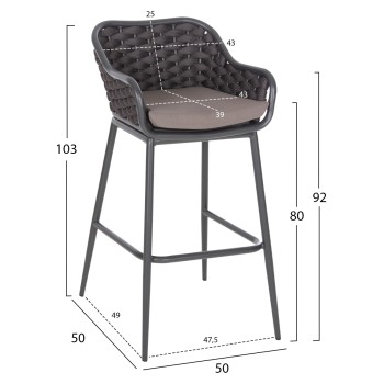 BAR STOOL ALUMINUM FRAME DARK GREY-ROPE BROWN 50x50x103Hcm.FK5862.01 BAR STOOL ALUMINUM FRAME DARK GREY-ROPE BROWN 50x50x103Hcm.FK5862.01