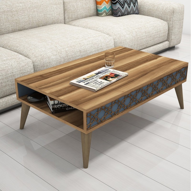 COFFEE TABLE MELAMINE FK9499.02 WALNUT COLOR & SKY BLUE CARVED SIDES 105x60x36.6Hcm. COFFEE TABLE MELAMINE FK9499.02 WALNUT COLOR & SKY BLUE CARVED SIDES 105x60x36.6Hcm.