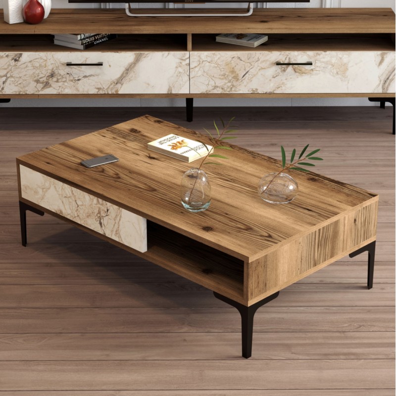 COFFEE TABLE FK9503.05 MELAMINE WALNUT-WHITE MARBLE LOOK & METAL LEGS 105x60x32.6Hcm. COFFEE TABLE FK9503.05 MELAMINE WALNUT-WHITE MARBLE LOOK & METAL LEGS 105x60x32.6Hcm.