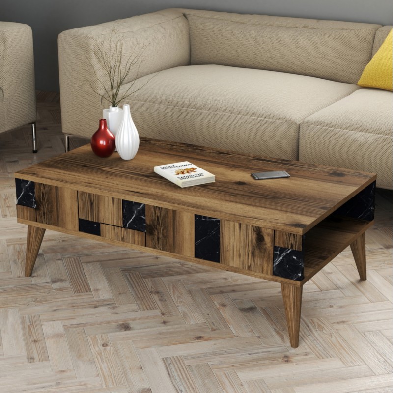 COFFEE TABLE FK9504.02 MELAMINE IN WALNUT-BLACK MARBLE LOOK 105x60x37.6Hcm. COFFEE TABLE FK9504.02 MELAMINE IN WALNUT-BLACK MARBLE LOOK 105x60x37.6Hcm.