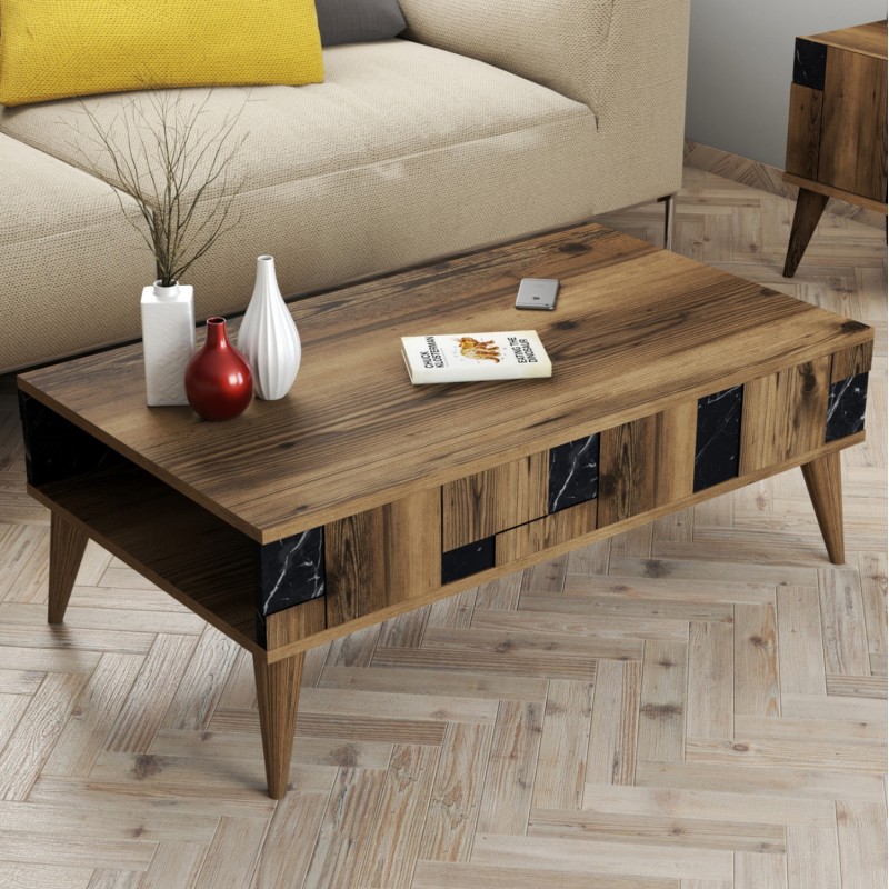 COFFEE TABLE FK9504.02 MELAMINE IN WALNUT-BLACK MARBLE LOOK 105x60x37.6Hcm. COFFEE TABLE FK9504.02 MELAMINE IN WALNUT-BLACK MARBLE LOOK 105x60x37.6Hcm.