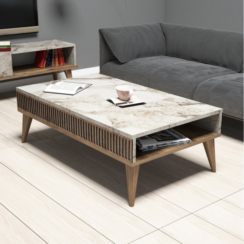 COFFEE TABLE FK9505.03 MELAMINE IN WALNUT-WHITE MARBLE-LOOK TOP 105x60x34.6Hcm. COFFEE TABLE FK9505.03 MELAMINE IN WALNUT-WHITE MARBLE-LOOK TOP 105x60x34.6Hcm.