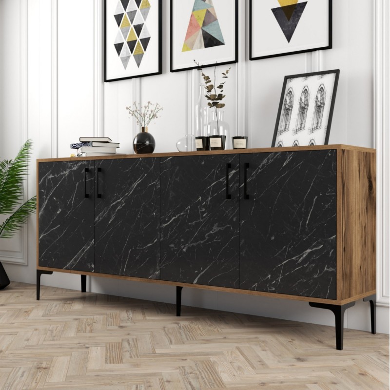 BUFFET FK9428.03 MELAMINE WALNUT WITH BLACK MARBLE-LOOK DOORS 180x35x78Hcm.